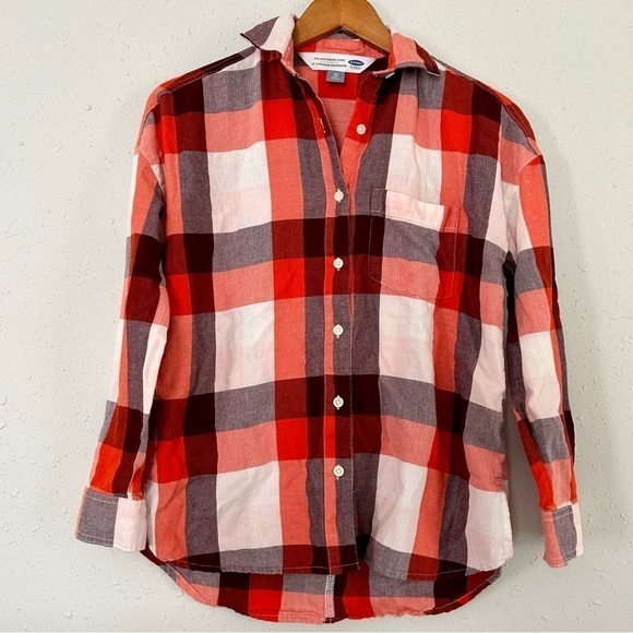 🦋 Old Navy Orange Boyfriend Button Up Long Sleeve Flannel XS Petite - Picture 1 of 7